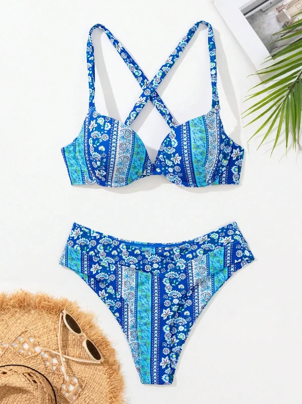 Striped bikini with a classic pattern for a timeless beach aestheticBlue Paisley Lace Up Bikini Set