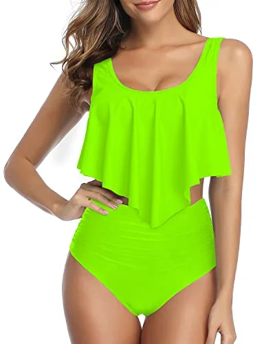 Striped bikini with a classic pattern for a timeless beach aestheticCharming And Confident Women Ruffled Flounce Bikini Swimsuit-Neon Green