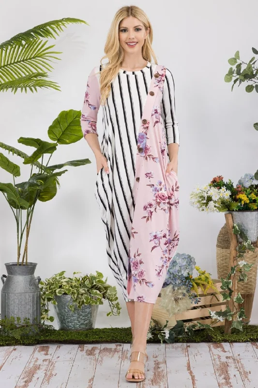 Floral Striped Contrast Midi-Dress with Pockets