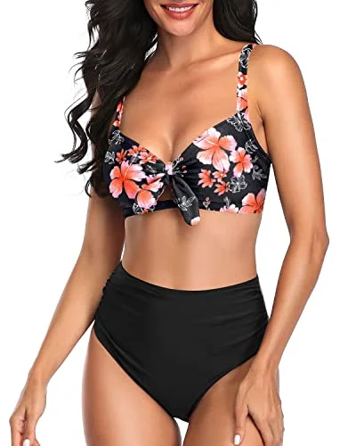 Long - line bikini top for added support and a fashionable lookKnot Tie Bathing Suits Women Two Piece High Waisted Bikini Set-Pink Flower