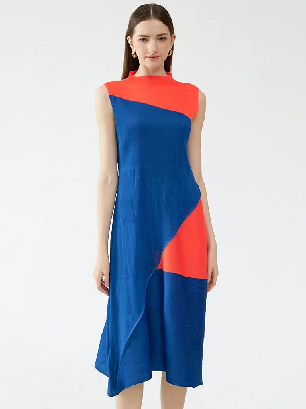 Miyake Pleated Contrast Irregular Spliced Midi Dress