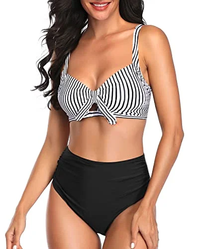 High - waisted bikini for a retro and tummy - flattering lookRuched Tummy Control Women Two Piece High Waisted Bikini Set-Black And White Stripe