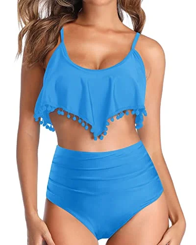 Plus - size bikini with full - coverage options for comfort and confidenceStylish Pom Pom Trim Bikini Ruffle Flounce High Waisted Bikini for Women's Two Piece