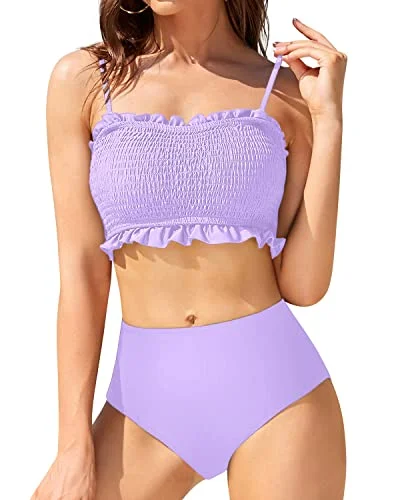 Plus - size bikini with full - coverage options for comfort and confidenceTummy Control High Cut Bikini Bottom And Ruffled Bikini-Light Purple