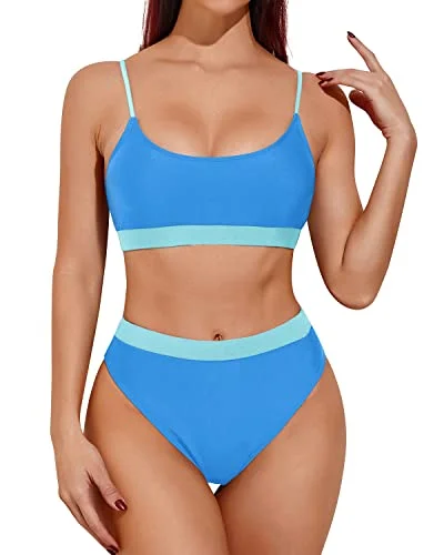 Tropical - themed bikini for a vacation - ready beach outfitTummy Control & Slimming High Waisted Bikini Sporty Scoop Neck Swimsuits-Light Blue And Light Green