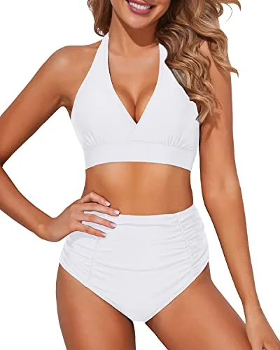 Tie - side bikini bottoms for an adjustable and stylish fitHigh Waisted Bikini Bottoms Ruching Women's Bikini Swimsuits-White