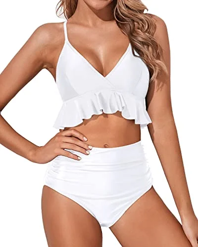 Metallic - finish bikini for a glamorous and eye - catching poolside lookWomen's Feminine Flounce Hemline Bikini-White