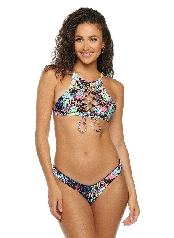 Maternity bikini for expecting mothers to enjoy the beach comfortablyValentina Laced Front Halter Bikini Top - Leaf It Up To The Sun Abstract Print