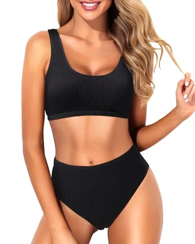 Sports bikini for high - intensity water activities like surfingWomen Two Piece Scoop Neck Bikini Crop Top High Cut Swimsuit Sporty High Waisted Bathing Suit with Bottoms