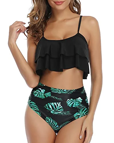 Tropical - themed bikini for a vacation - ready beach outfitTwo Piece Double Tiered Ruffle Flounce Crop Top Bikini Set-Black Leaf