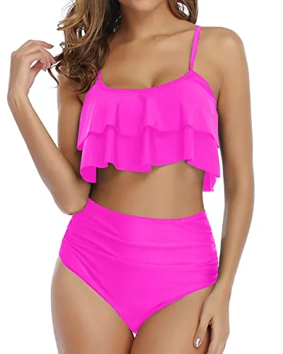 Sports bikini for high - intensity water activities like surfingFigure Flattering Ruched High Waisted Bikini Set-Neon Pink