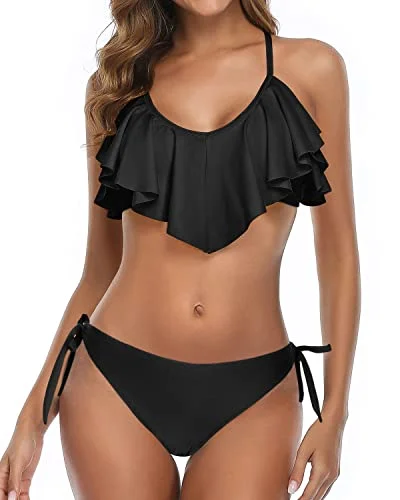 Maternity bikini for expecting mothers to enjoy the beach comfortablyCross Back Bathing Suit Two Piece Flounce Bikini-Black