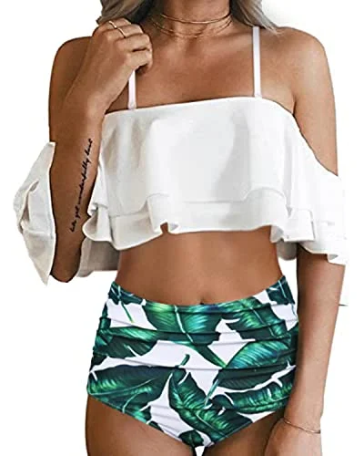 Metallic - finish bikini for a glamorous and eye - catching poolside lookFashionable Off Shoulder Tummy Control Bikini Set-White Leaf