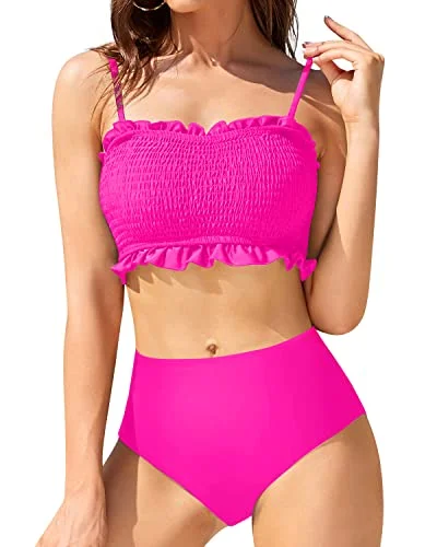 Tropical - themed bikini for a vacation - ready beach outfitStrapless Shirred Swim Top Smocked 2 Piece Swimsuit-Neon Pink