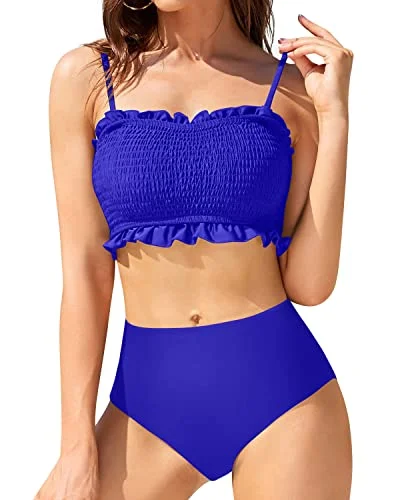 Neon - colored bikini to stand out on the beachWomen's Bandeau Two Piece Smocked Ruffled Bikini-Royal Blue