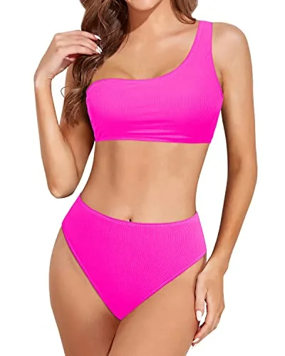 Sports bikini for high - intensity water activities like surfingHigh Cut Two Piece Bikini One Shoulder For Women-Neon Pink