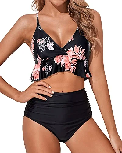 Sports bikini for high - intensity water activities like surfingFlouncy Ruffle High Waisted Bikini Swimsuits Deep V Neck-Black Orange Floral