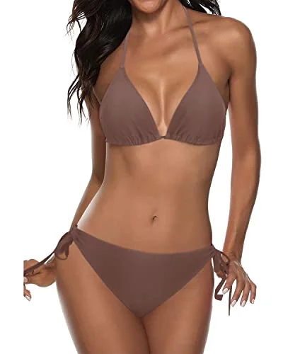 High - waisted bikini for a retro and tummy - flattering lookHalter Padded Top Tie Side Bottom Triangle Push Up Bikini-Light Brown