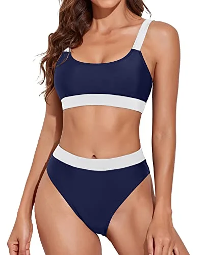 Metallic - finish bikini for a glamorous and eye - catching poolside lookWomen High Rise Athletic Bathing Suits Sporty Scoop Neck Bikini-Navy Blue And White